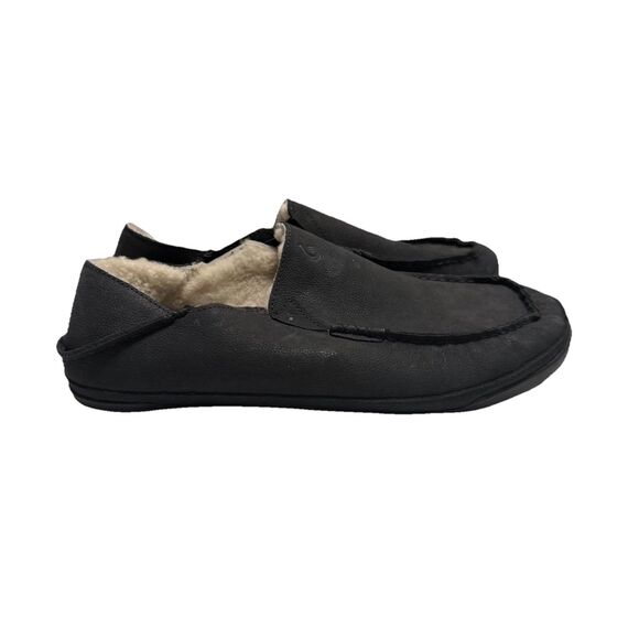 Olukai Men's Kipuka Hulu Slipper Black Leather Real Australian Fur Size 11 - Picture 1 of 7
